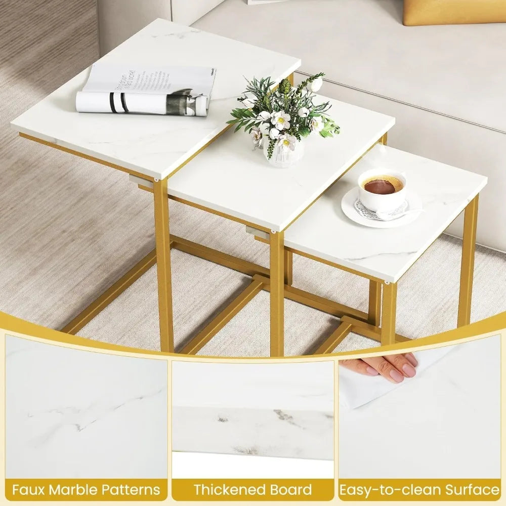 Nesting Coffee Tables Set of 3, Rectangular Nesting Center Table with Faux Marble Top & Metal