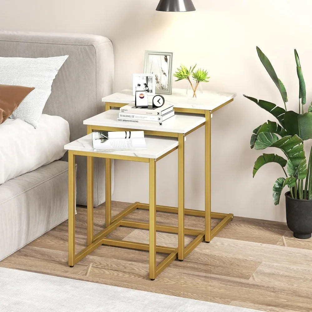 Nesting Coffee Tables Set of 3, Rectangular Nesting Center Table with Faux Marble Top & Metal