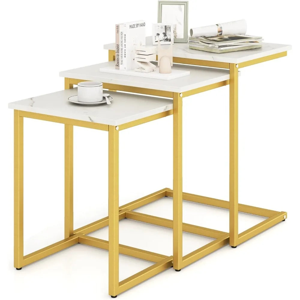 Nesting Coffee Tables Set of 3, Rectangular Nesting Center Table with Faux Marble Top & Metal