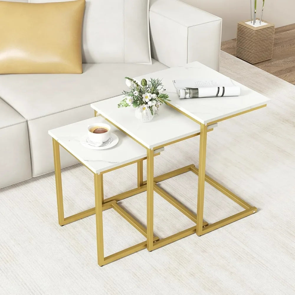 Nesting Coffee Tables Set of 3, Rectangular Nesting Center Table with Faux Marble Top & Metal