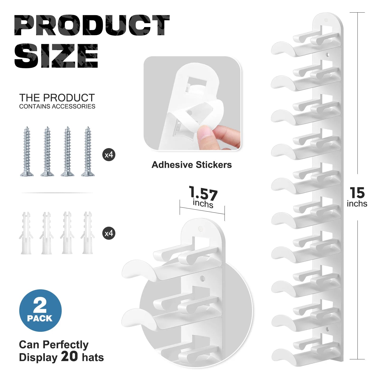 Hat Racks for Baseball Caps, Versatile Adhesive or Wall-Drilled Mounting Hat Rack for Wall