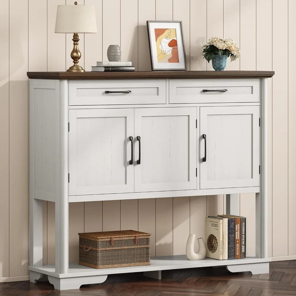 47.2 Inches Entry Table with Storage, Farmhouse Buffet Cabinet w/2 Drawers and 3 Doors, Open Storage Shelf, Adjustable Shelves