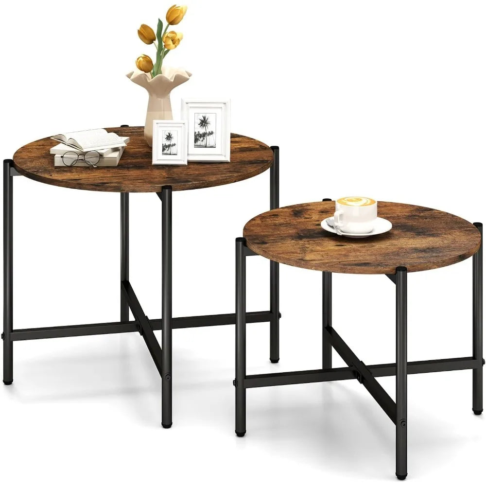 Nesting Coffee Table Set of 2, Round Coffee Tables with Wood Tabletop & Heavy-Duty Metal Frame