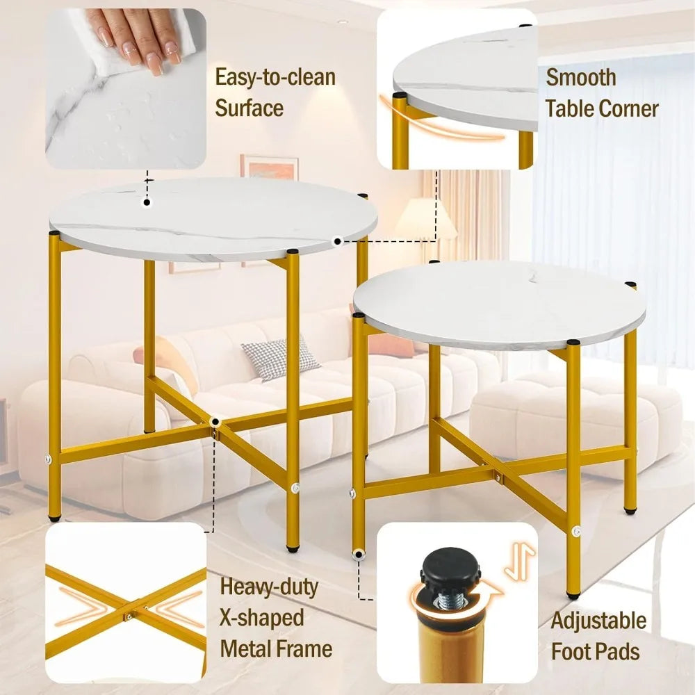 Nesting Coffee Table Set of 2, Round Coffee Tables with Wood Tabletop & Heavy-Duty Metal Frame