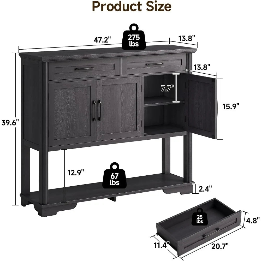 47.2 Inches Entry Table with Storage, Farmhouse Buffet Cabinet w/2 Drawers and 3 Doors, Open Storage Shelf, Adjustable Shelves