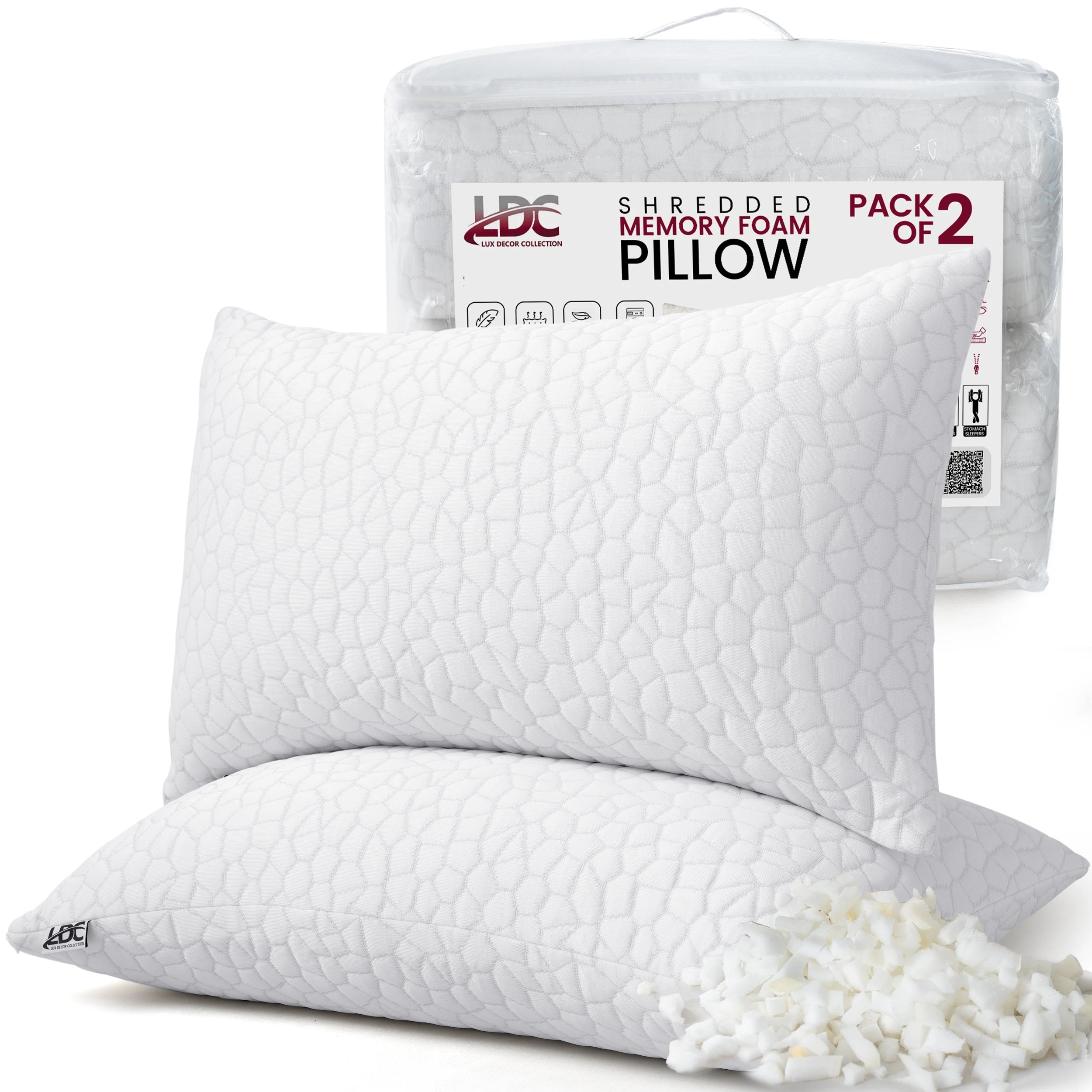 Lux Decor Shredded Memory Foam Pillows 2 Pack with Washable Cover