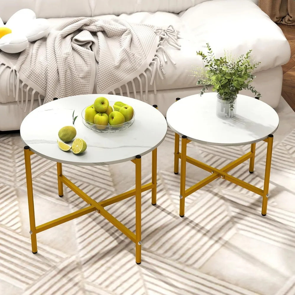 Nesting Coffee Table Set of 2, Round Coffee Tables with Wood Tabletop & Heavy-Duty Metal Frame