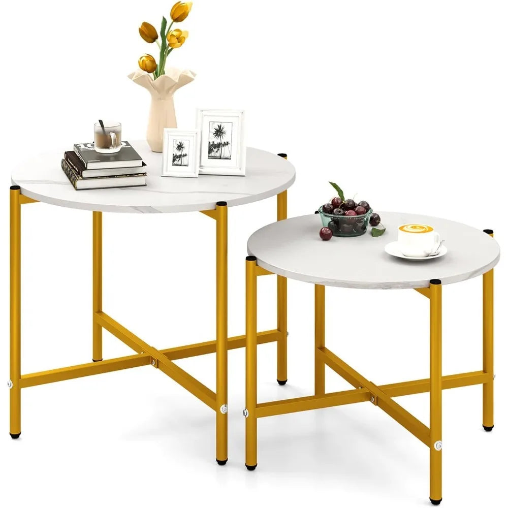 Nesting Coffee Table Set of 2, Round Coffee Tables with Wood Tabletop & Heavy-Duty Metal Frame