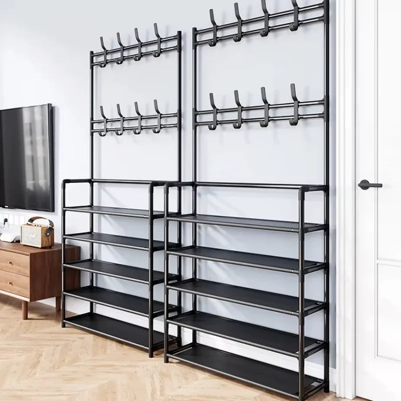 A clothes hanger and shoe rack at the entrance of home