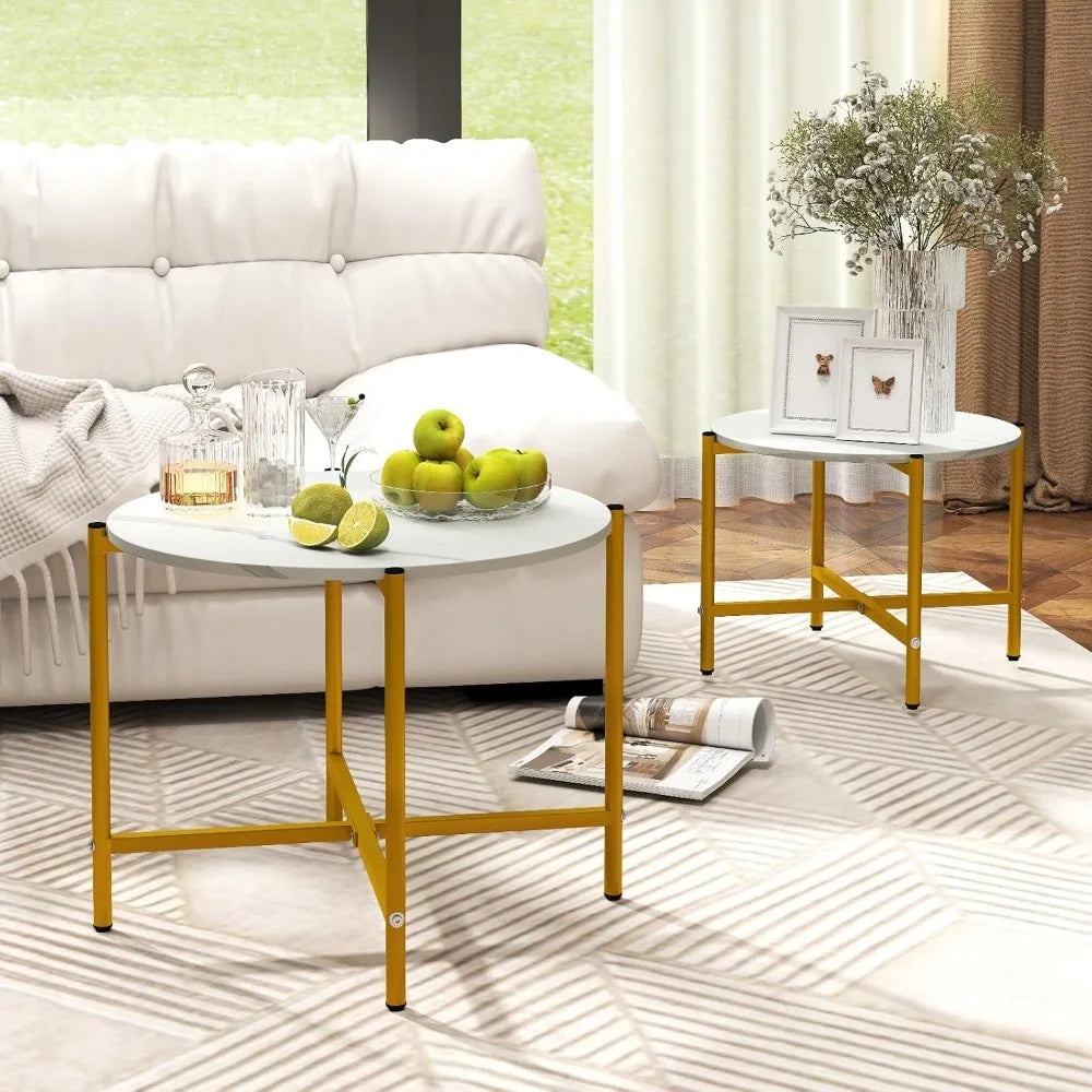 Nesting Coffee Table Set of 2, Round Coffee Tables with Wood Tabletop & Heavy-Duty Metal Frame
