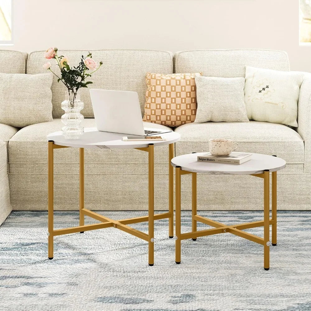 Nesting Coffee Table Set of 2, Round Coffee Tables with Wood Tabletop & Heavy-Duty Metal Frame