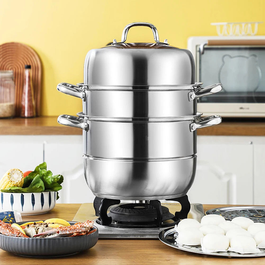 11inch 3 Tier Stainless Steel with Lid & Handle Steamer Pot Thick Food Steamer
