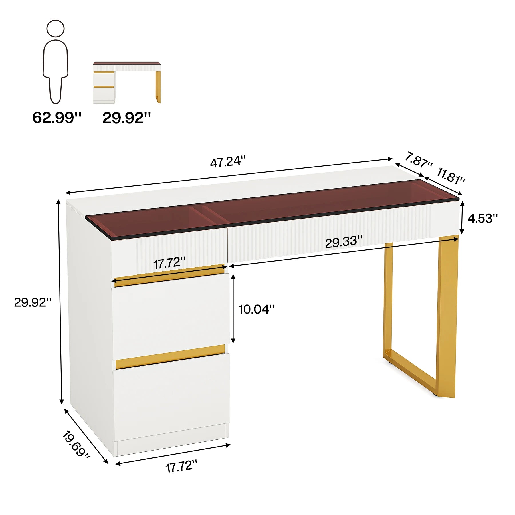 Computer Desk with 4 Drawers,  Modern Home Office Desk with Glass Top
