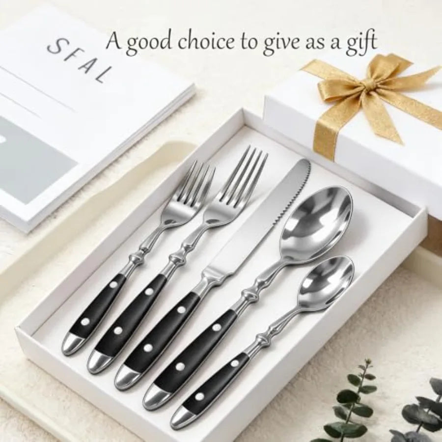 20pcs Black Silverware Set for 4 Vintage Flatware with Black Bakelite Handle