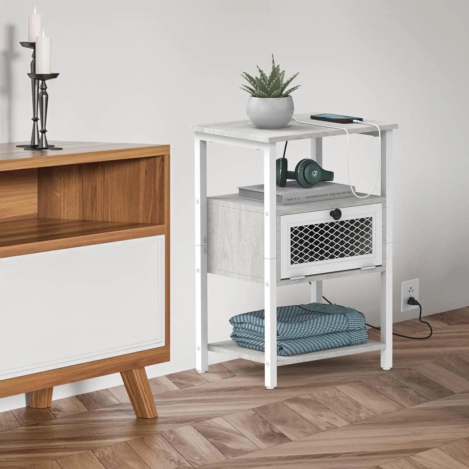 Set of 2 Nightstand Charging Station End Side Table Flip Storage