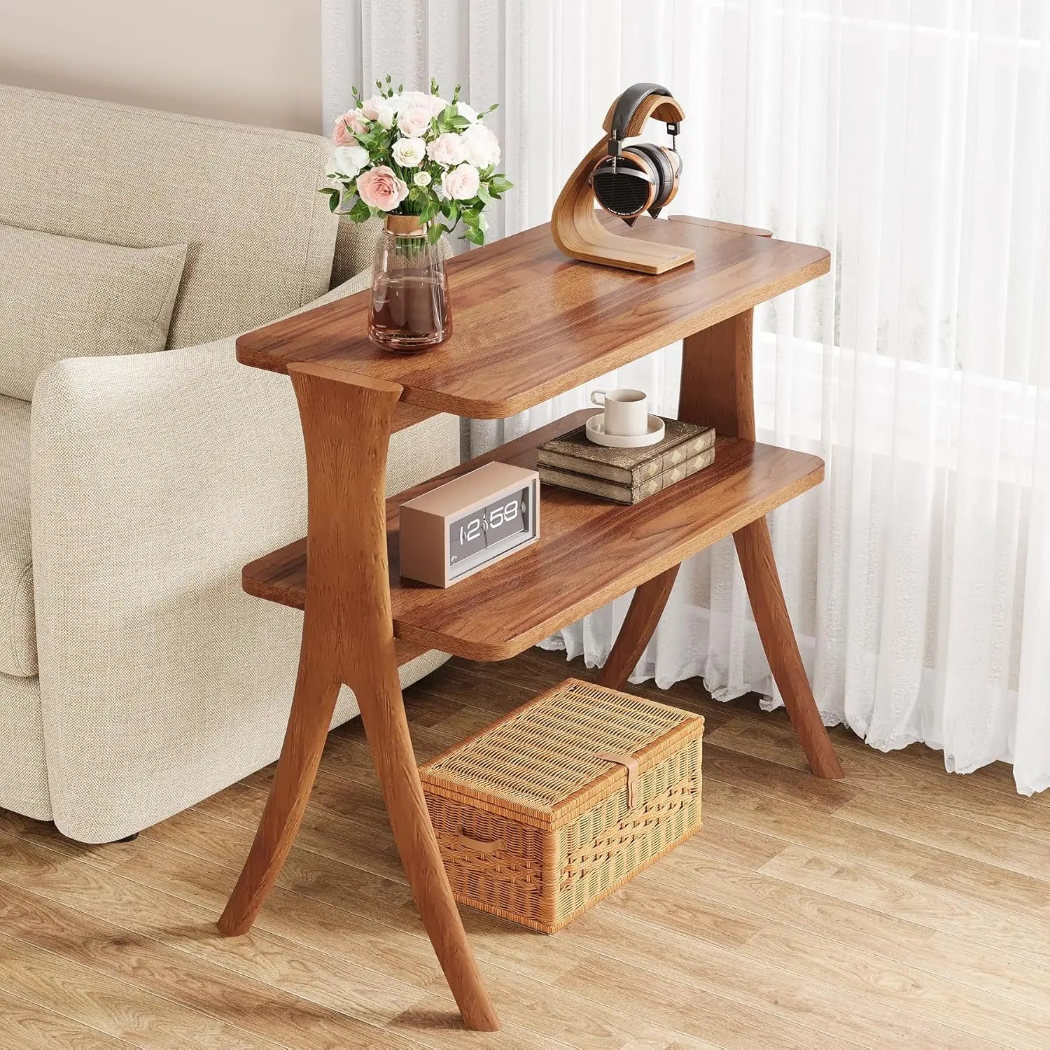 Side Table for Living Room, Farmhouse End Table with 2-Tier Storage Shelf