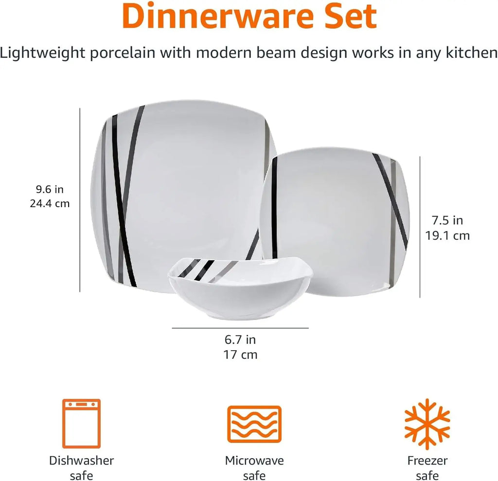 18-Piece Square Dinnerware Set for 6 - Plates and Bowls, Kitchen Essentials