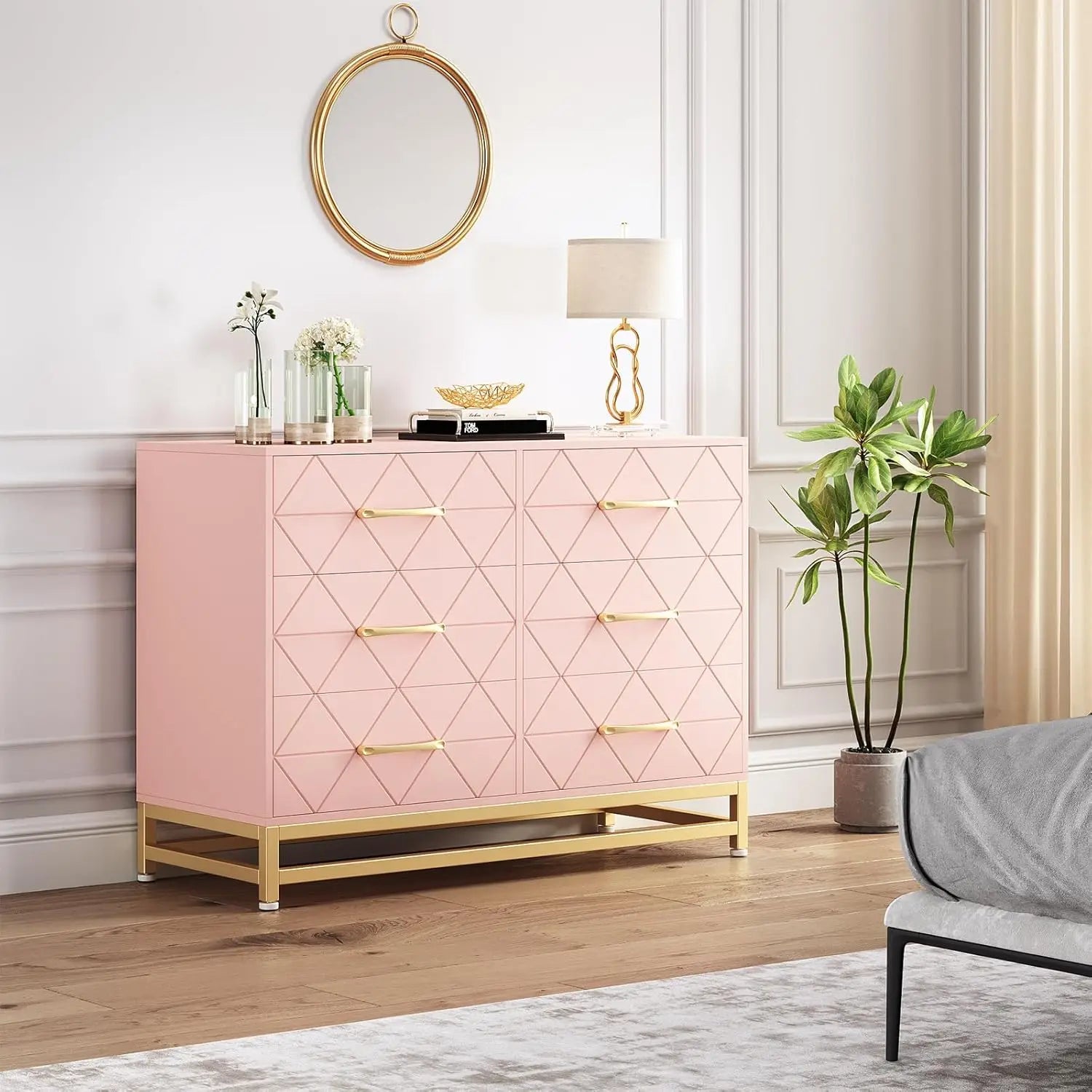 Modern Elegant 6 Drawer Dresser with Gold Handles