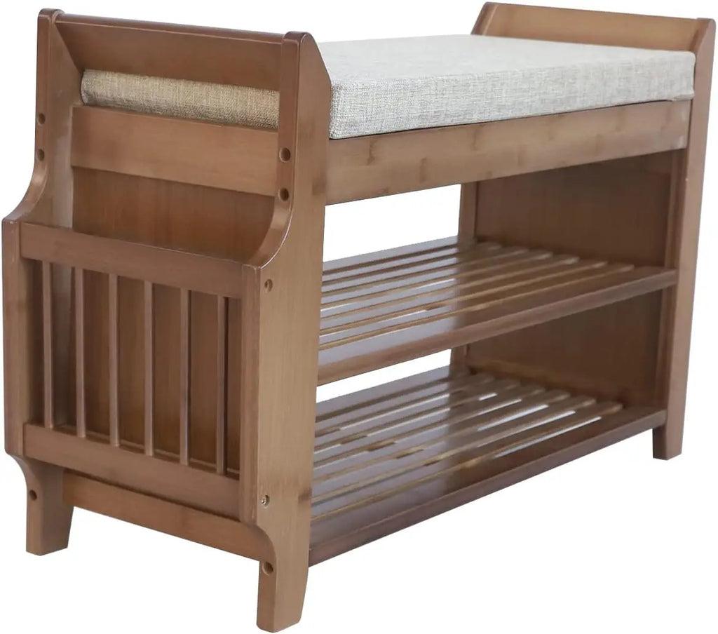 2Tier Shoe Rack Bench 31 Inch Entryway Bench with Storage Basket and Side Drawer Cushion Removable for Living Room Entrance Hall