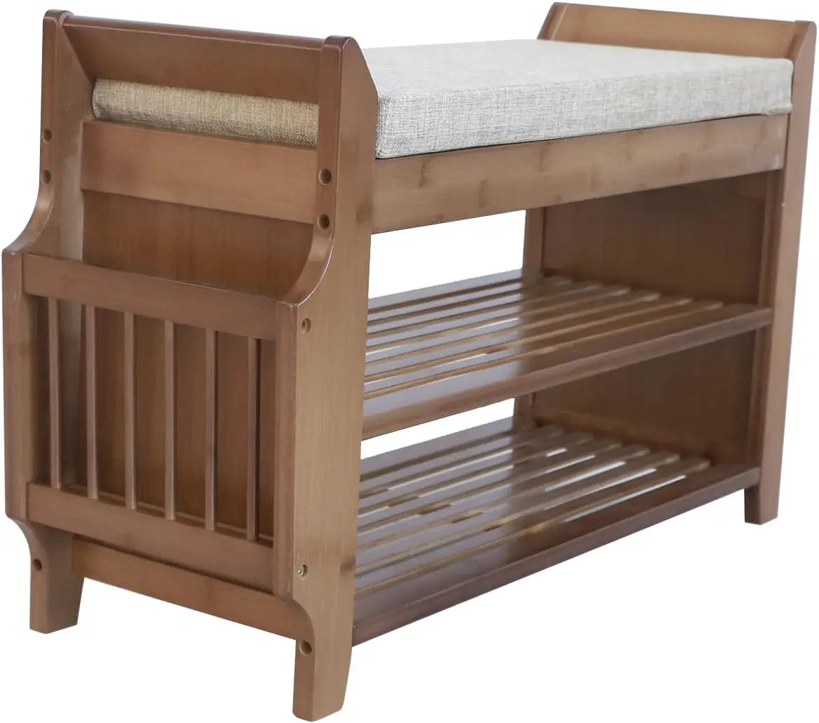 2Tier Shoe Rack Bench 31 Inch Entryway Bench with Storage Basket and Side Drawer Cushion Removable for Living Room Entrance Hall