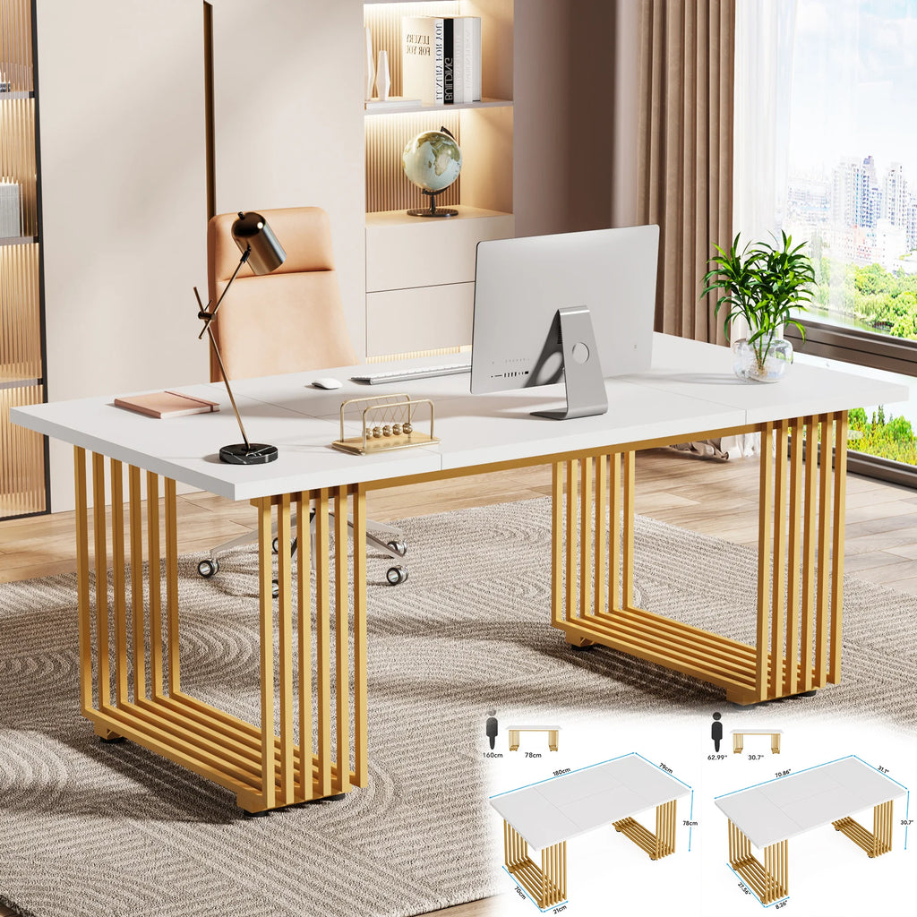Tribesigns Modern Office Desk, 70.9" Wooden Computer Desk,Executive Desk with Gold Metal Legs