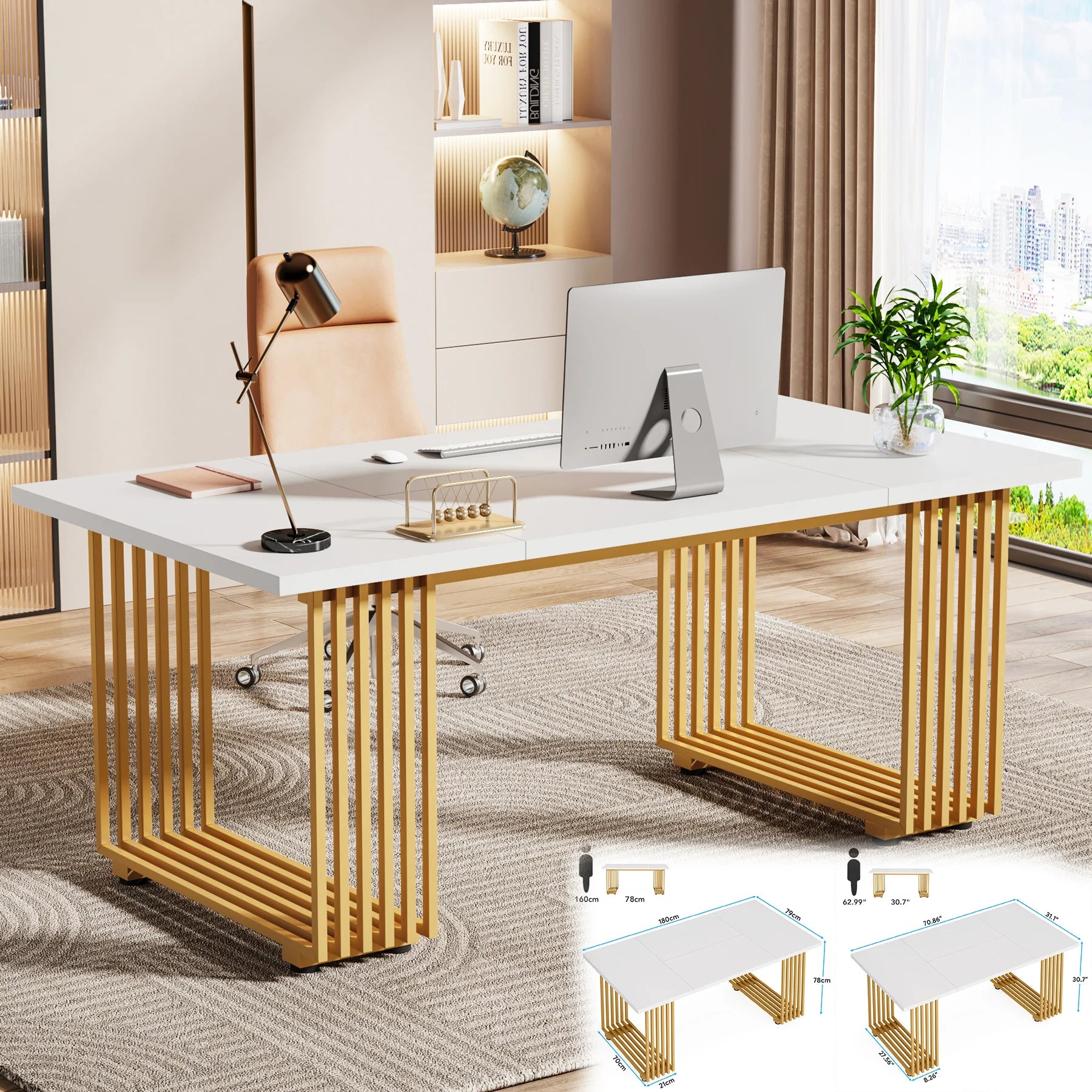 Tribesigns Modern Office Desk, 70.9" Wooden Computer Desk,Executive Desk with Gold Metal Legs