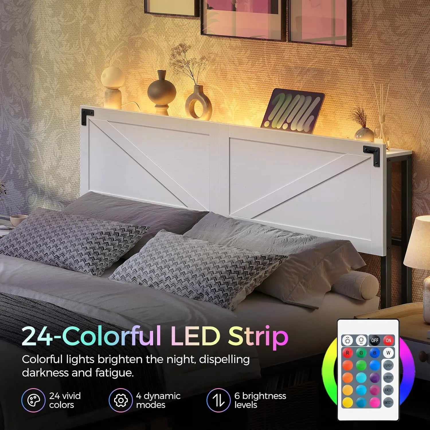 Queen Headboard with USB Ports, LED Lights, Storage Shelf, and Bed Frame