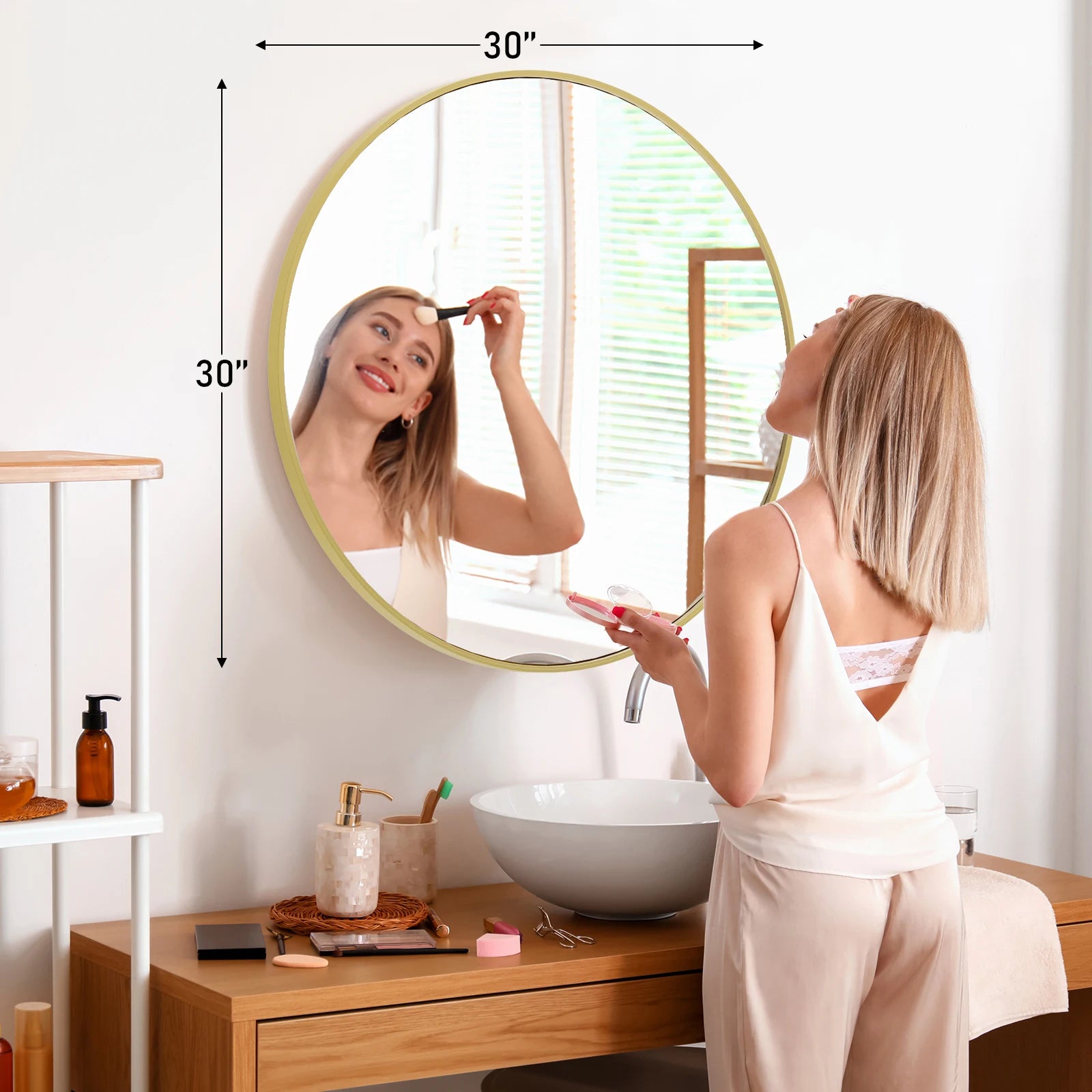 Large Gold Round Vanity Framed Mirror for Wall Matte Metal Framed 30 Inch