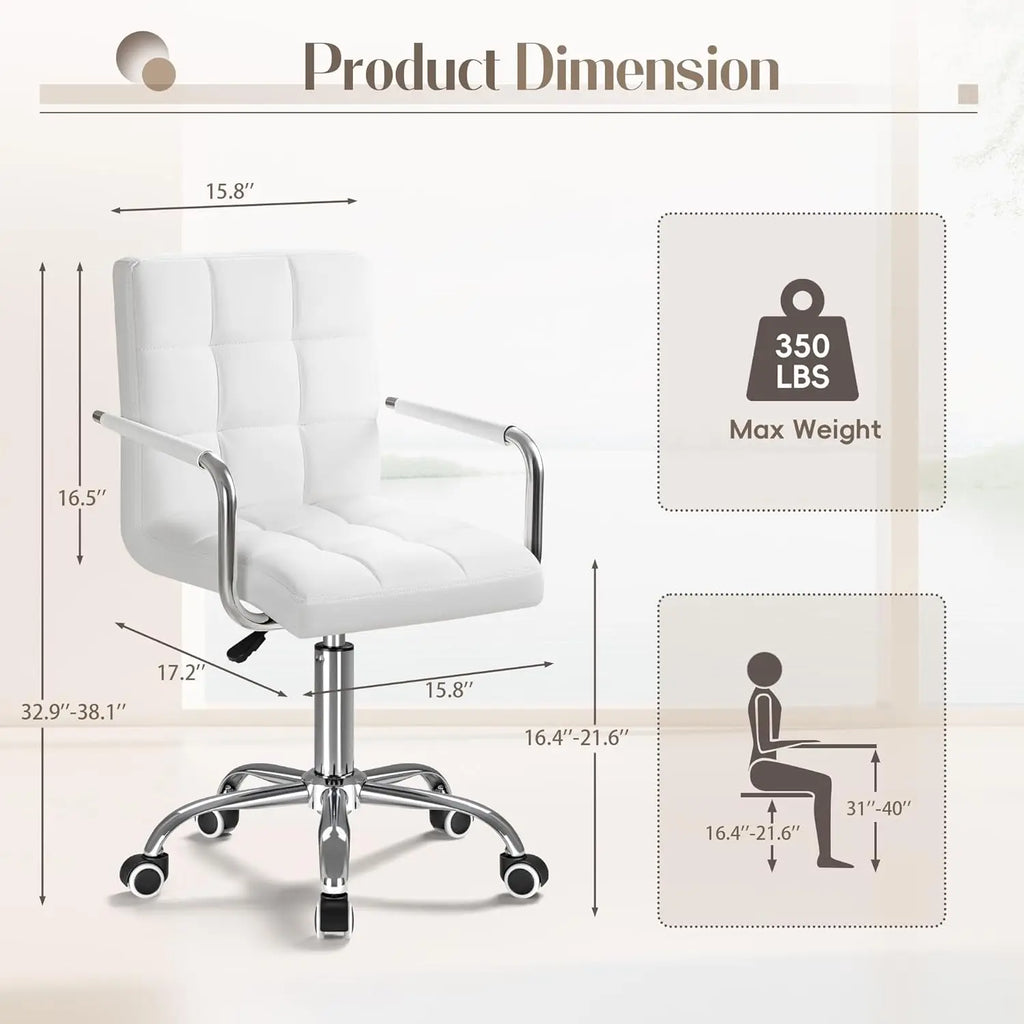 Modern Adjustable Office Chair with PU Leather, Swivel Base and Arms for Home Desk - White