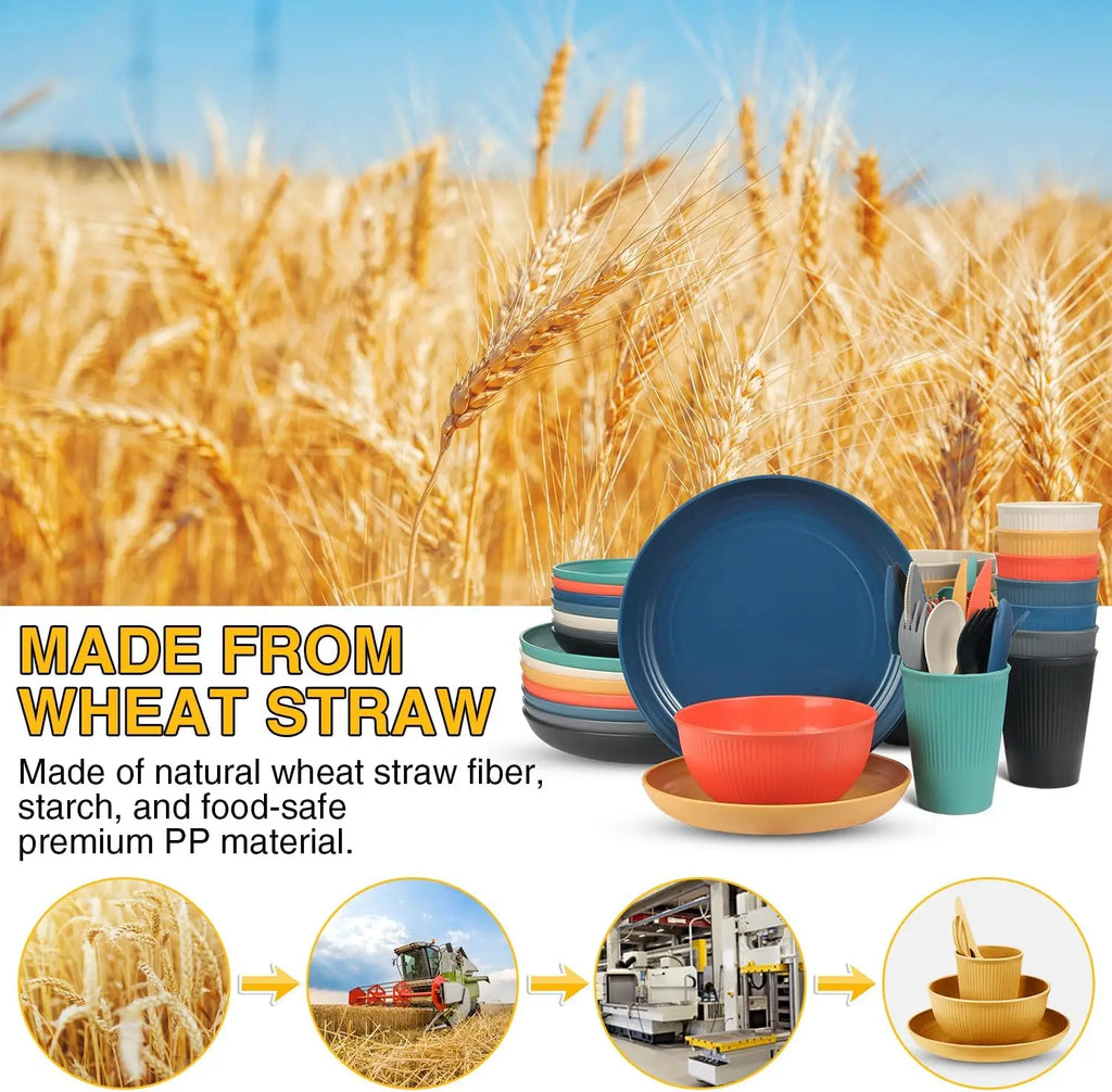 56-Piece Unbreakable Wheat Straw Dinnerware Set, Dishwasher & Microwave Safe for Apartment Essentials and Outdoor Camping