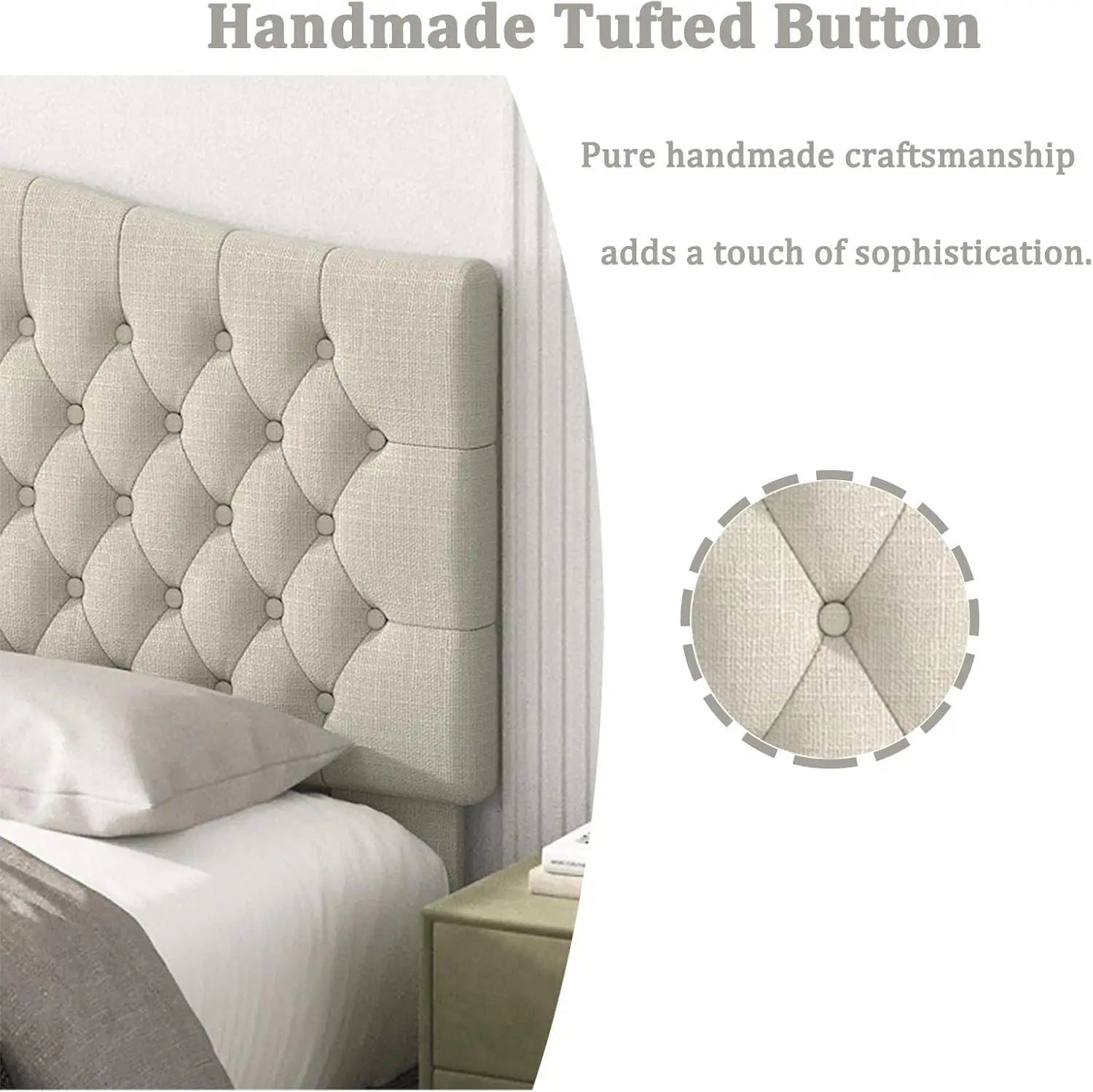 Upholstered King Size Headboard with Solid Wood Legs, Tufted Linen Design