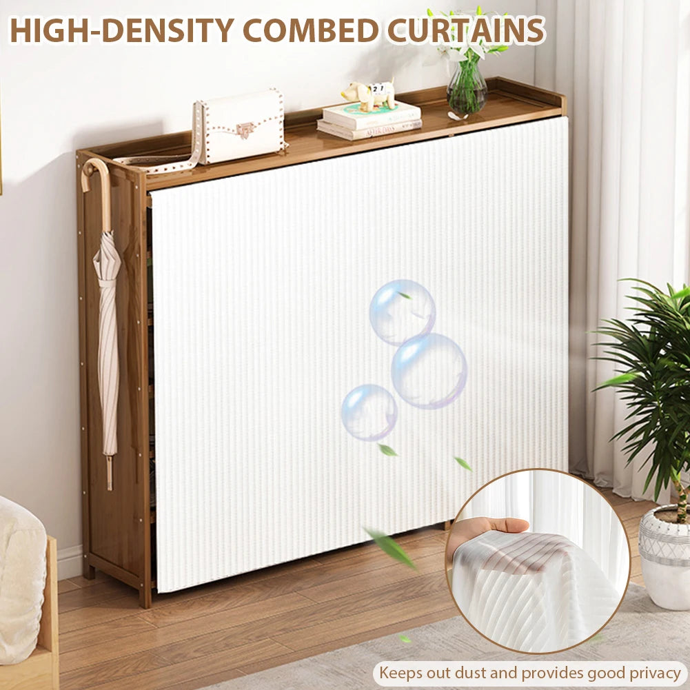 6-Tier Shoes Racks Organizer with White Gauze Curtain Wooden Cabinet Organizer for Entryway Hallway Bedroom Closet Living Room