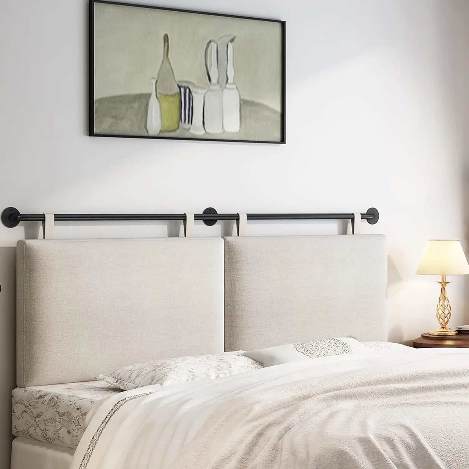 Wall Mounted Upholstered Headboard with Linen Fabric, Beige King Size for Bedroom Decor