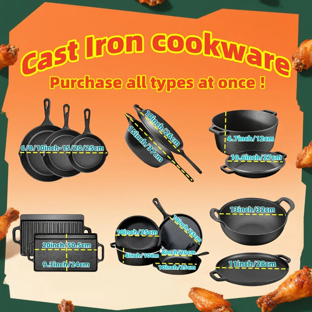 3-Piece Cast Iron Skillet Set (6/8/10 Inch) - Pre-Seasoned, Non-Stick