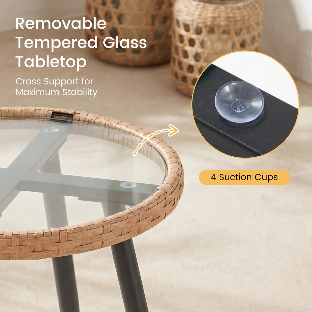 3 Pieces Wicker Patio Outdoor Set with Soft Cushions ,and Glass Steel Frame Table
