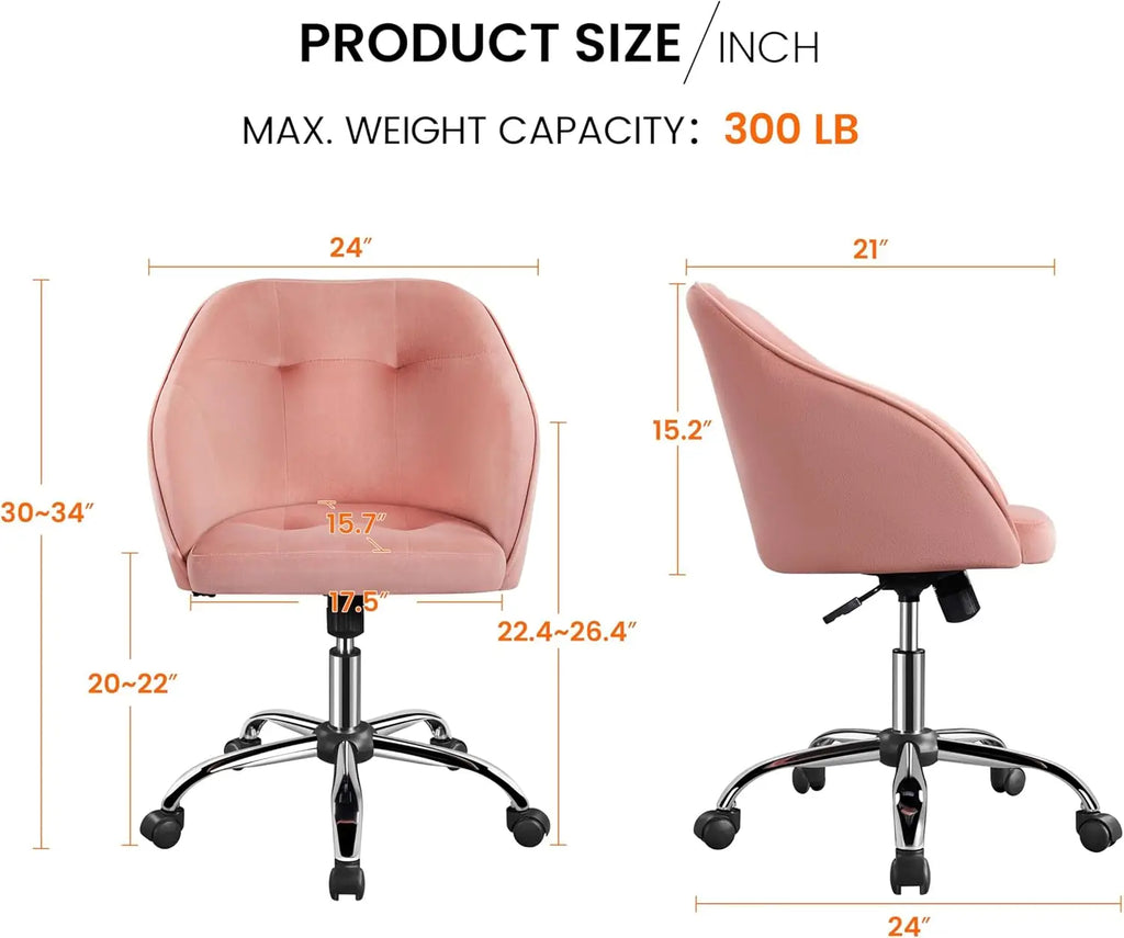 Pink Velvet Swivel Office Chair with Wheels, Adjustable Height for Desk, Bedroom, Living Room