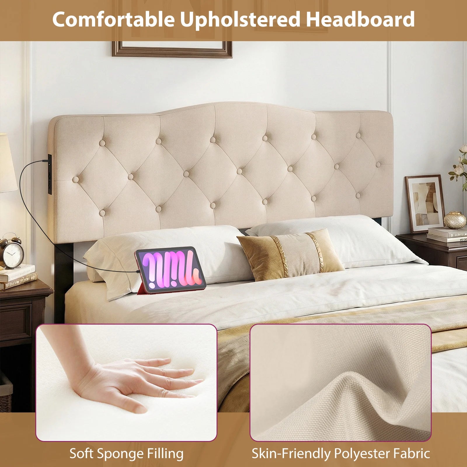 Headboard for Queen & Full Size Bed, Tufted Upholstered Head Board w/ 2AC Outlets