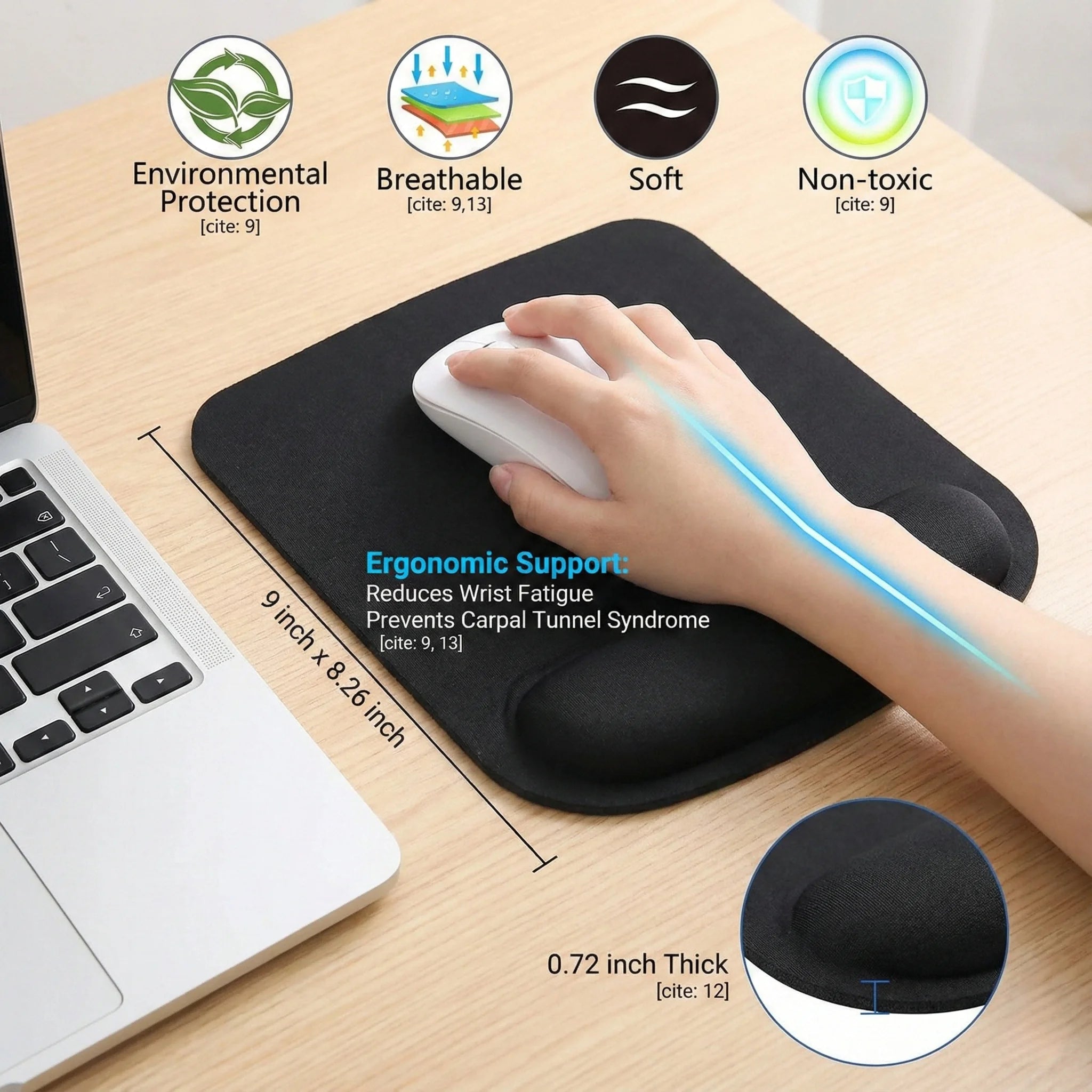 9x8.26in Ergonomic Mouse Pad with Wrist Rest