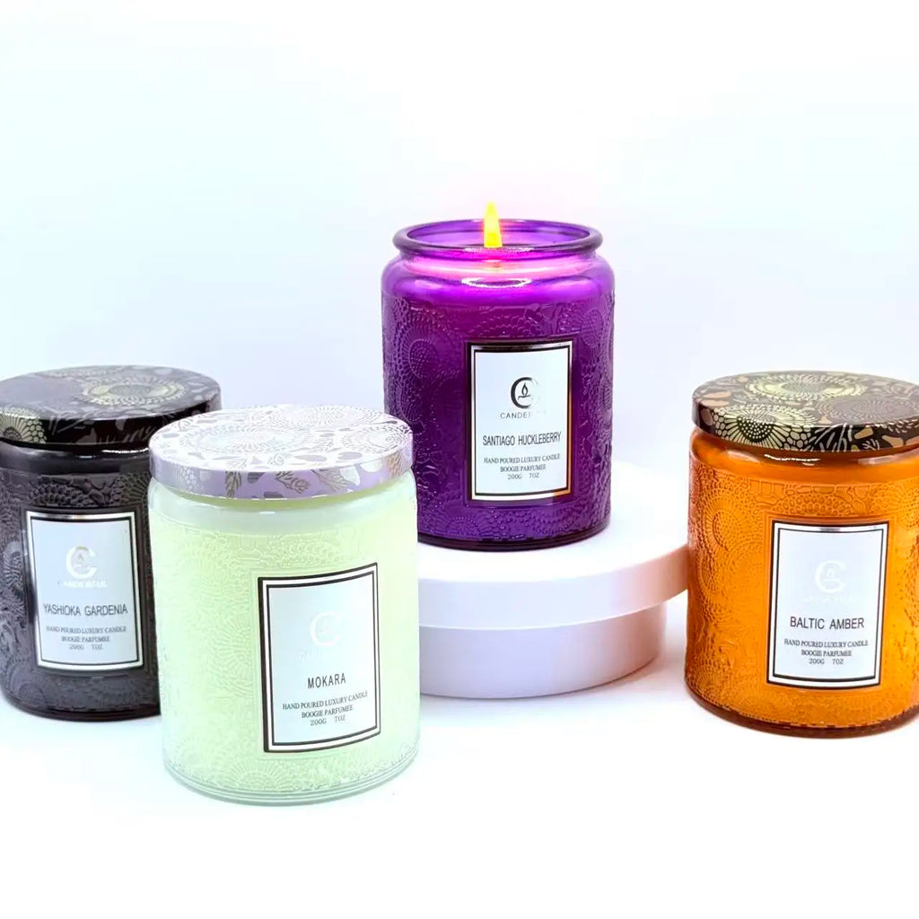 Embossed Glass Scented Candle Soy Wax Aromatherapy Candle | 5 Scents | 40 Hour Long Burn |