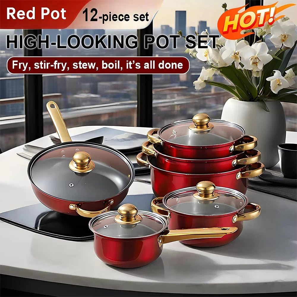 12PCS Stainless Steel Colored Cookware Set Non-stick Pan Gold-plated Handle Soup Pot