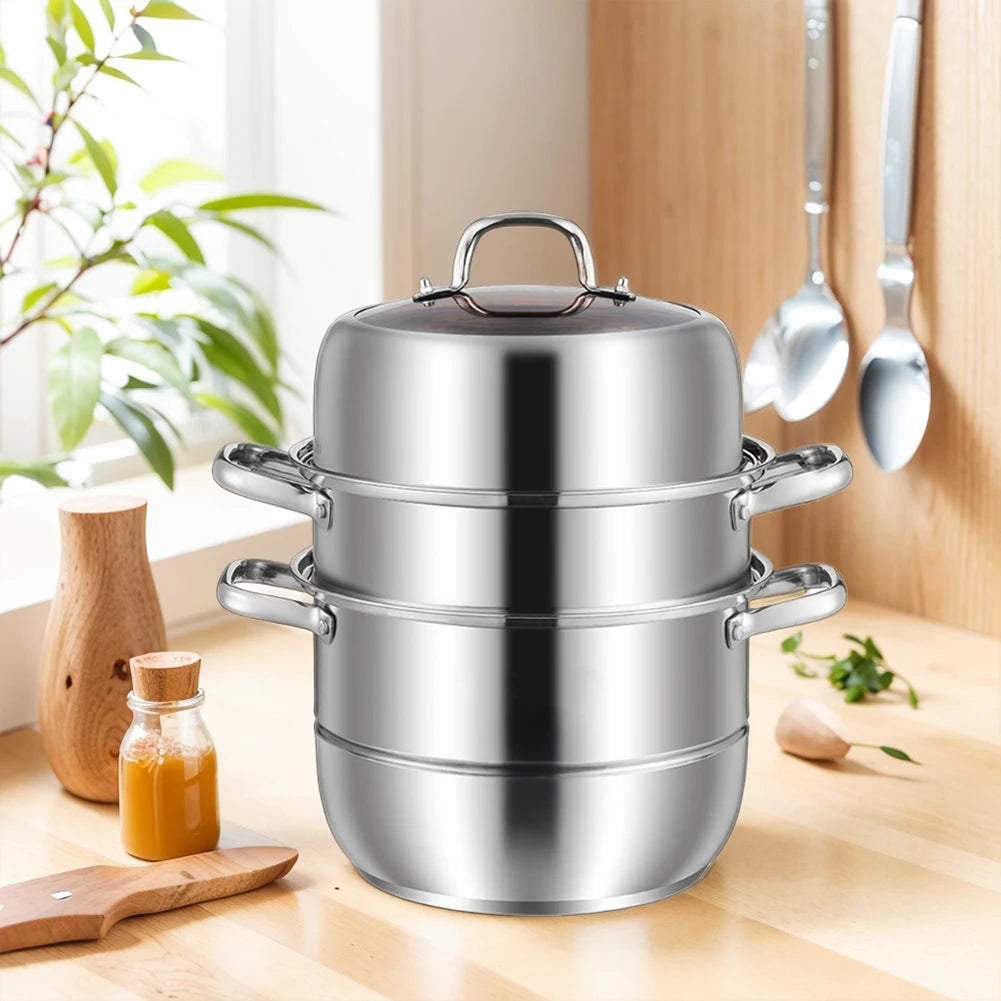 11inch 3 Tier Stainless Steel with Lid & Handle Steamer Pot Thick Food Steamer