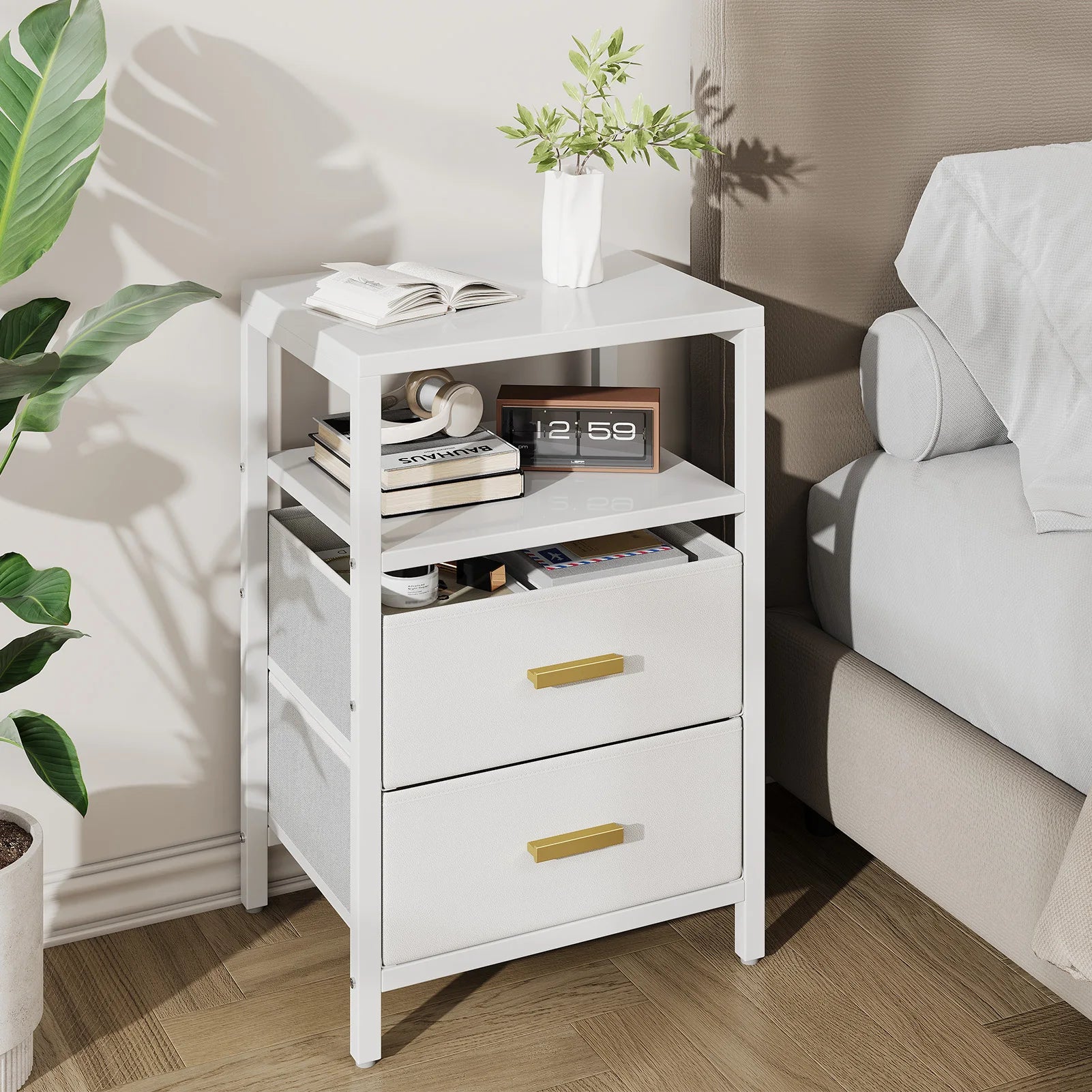 US Side Table Bedside End Table Particle Board Modern Nightstand with 2 Fabric Drawers for Bedroom Living Room White Nightstand