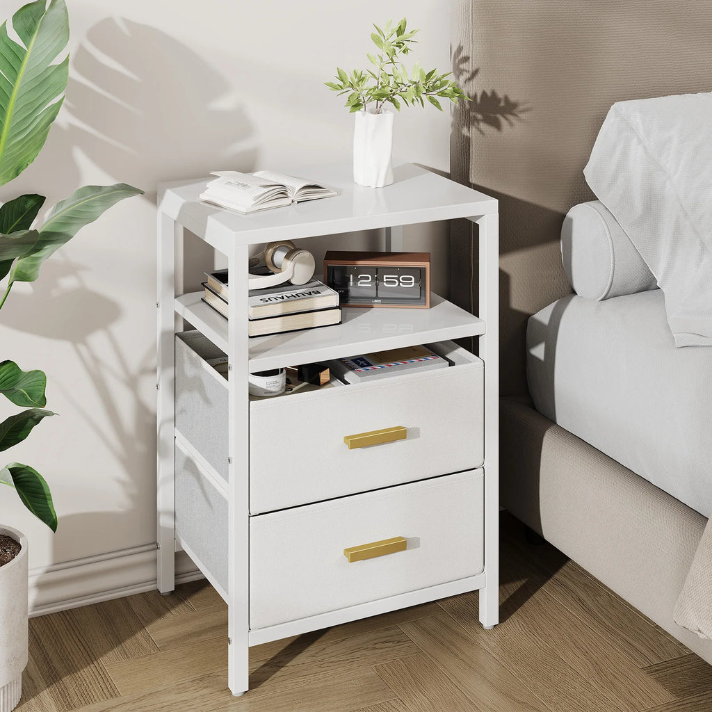 US Side Table Bedside End Table Particle Board Modern Nightstand with 2 Fabric Drawers for Bedroom Living Room White Nightstand