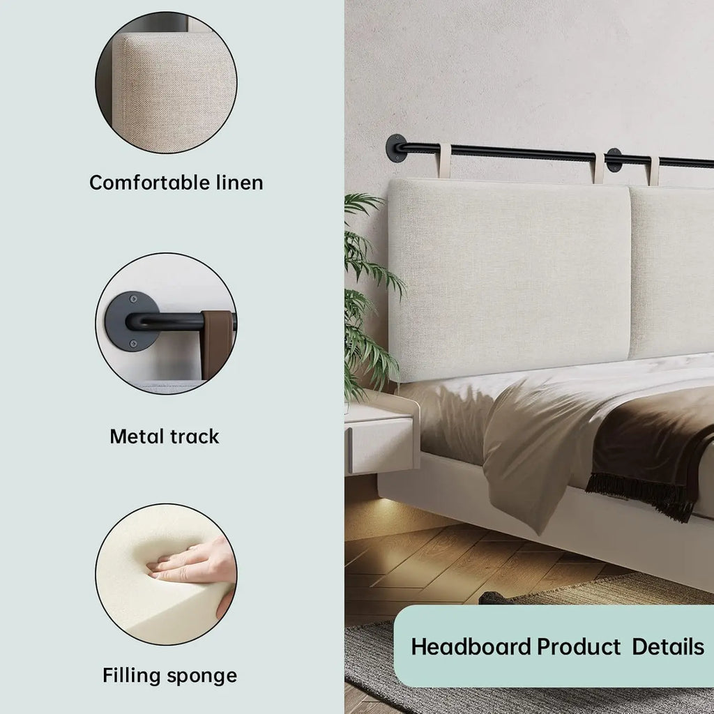 Wall Mounted Upholstered Headboard with Linen Fabric, Beige King Size for Bedroom Decor