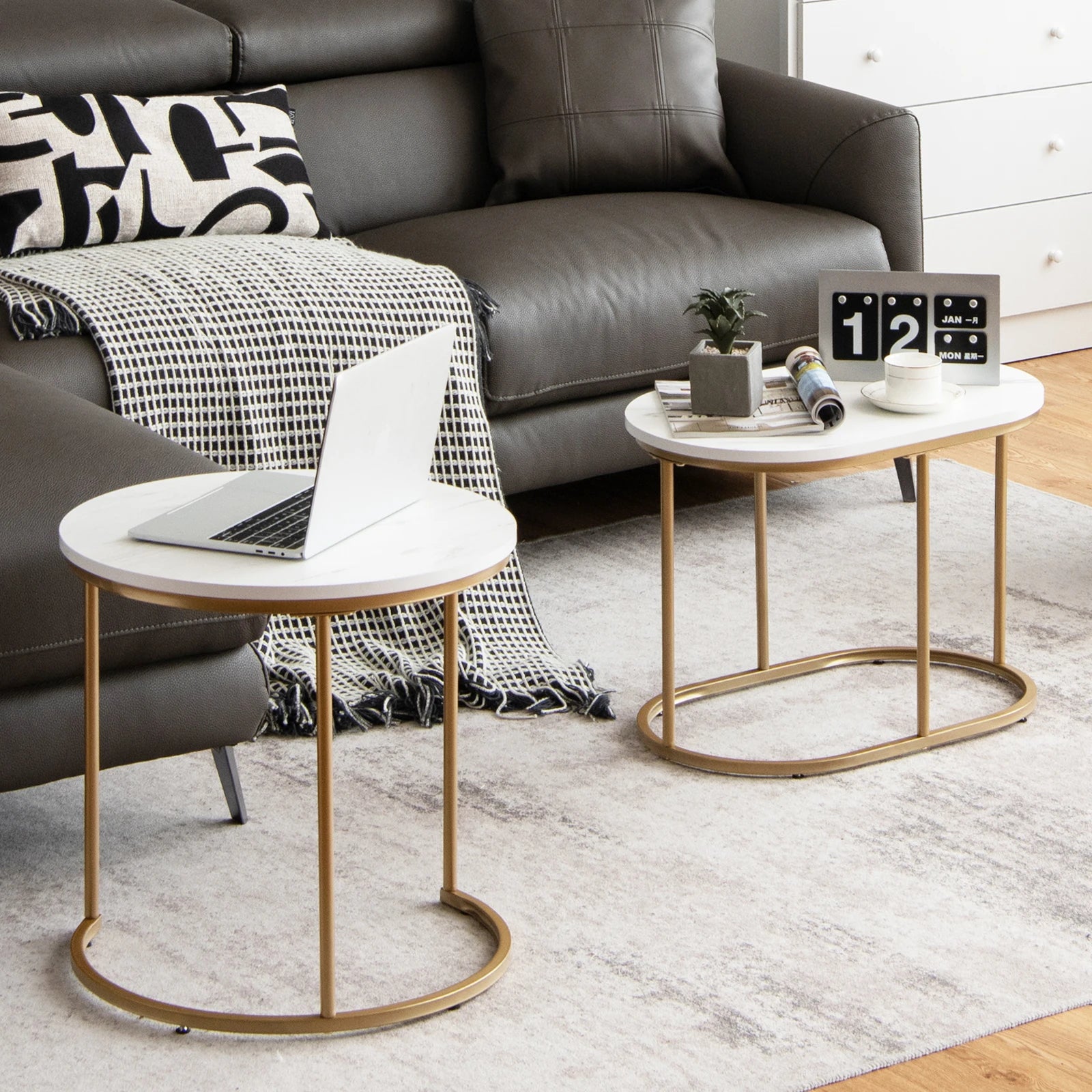Nesting Coffee Table Modern Set of 2 Marble Coffee Side Table Set Living Room
