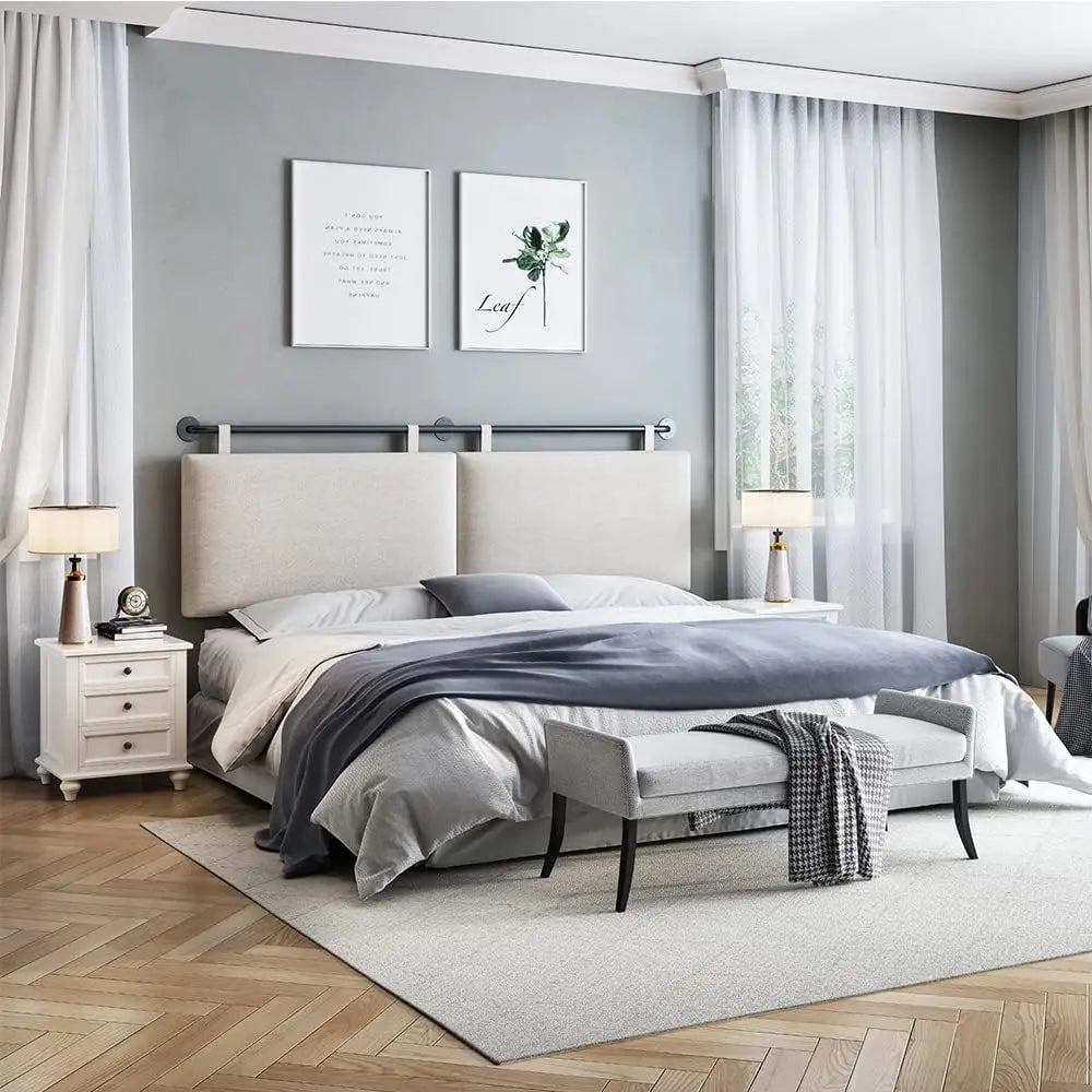 Wall Mounted Upholstered Headboard with Linen Fabric, Beige King Size for Bedroom Decor