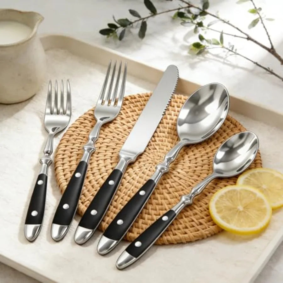 20pcs Black Silverware Set for 4 Vintage Flatware with Black Bakelite Handle