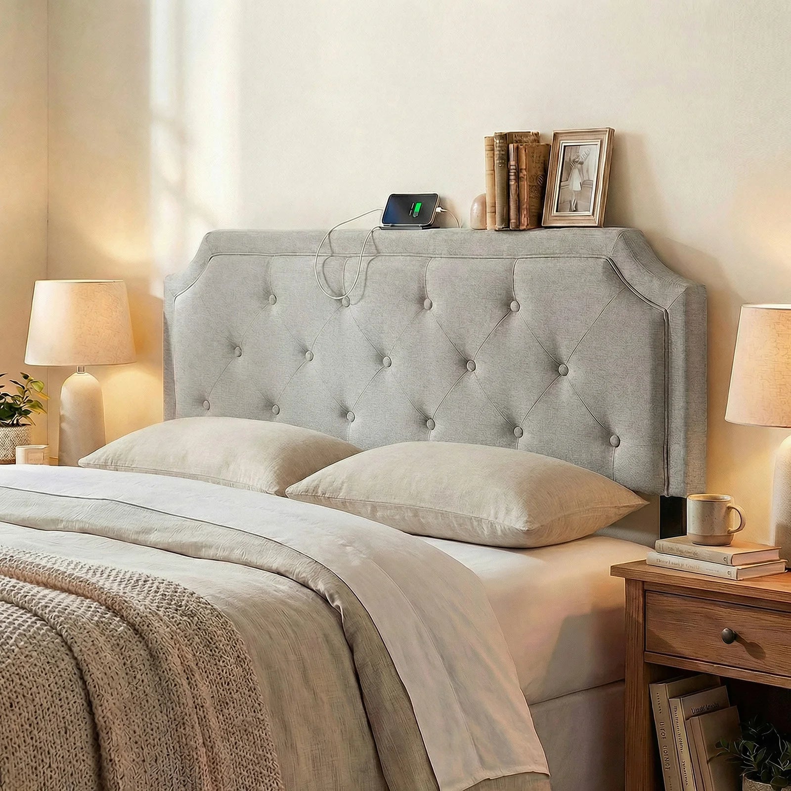 Headboard for Queen & Full Size Bed, Tufted Upholstered Head Board w/ 2 AC Outlets