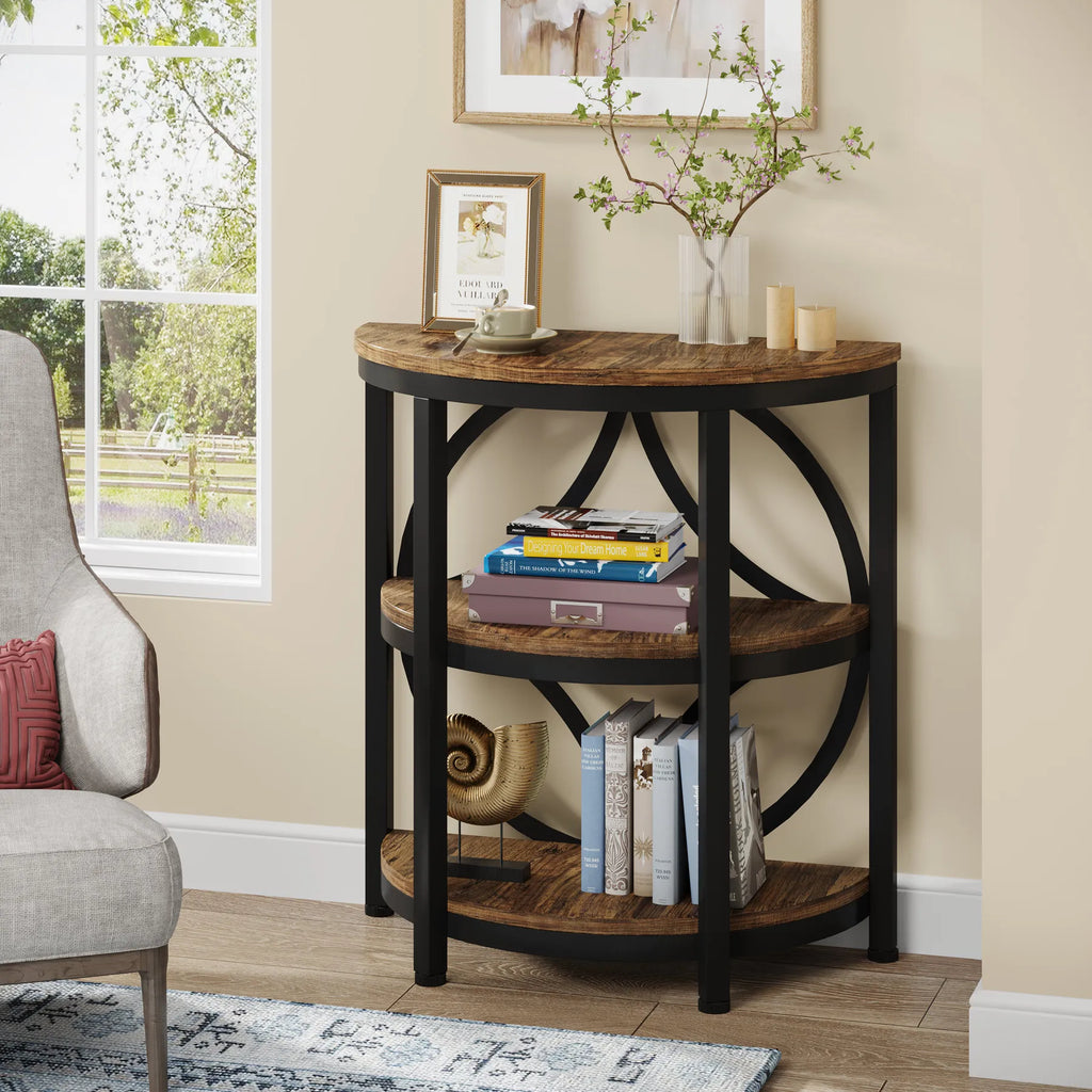 Half Round End Table for Living Room, 3-Tier Half Side Table with Metal Frame