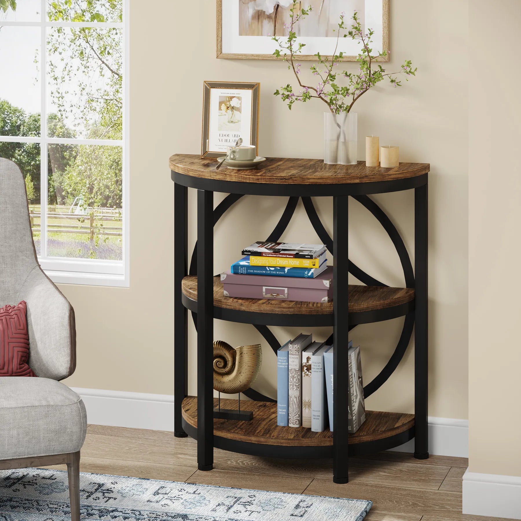Half Round End Table for Living Room, 3-Tier Half Side Table with Metal Frame